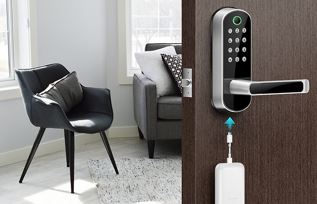 airbnb essentials home automation. Smart home picturing a door with an electric lock that requires a code to access the room. 