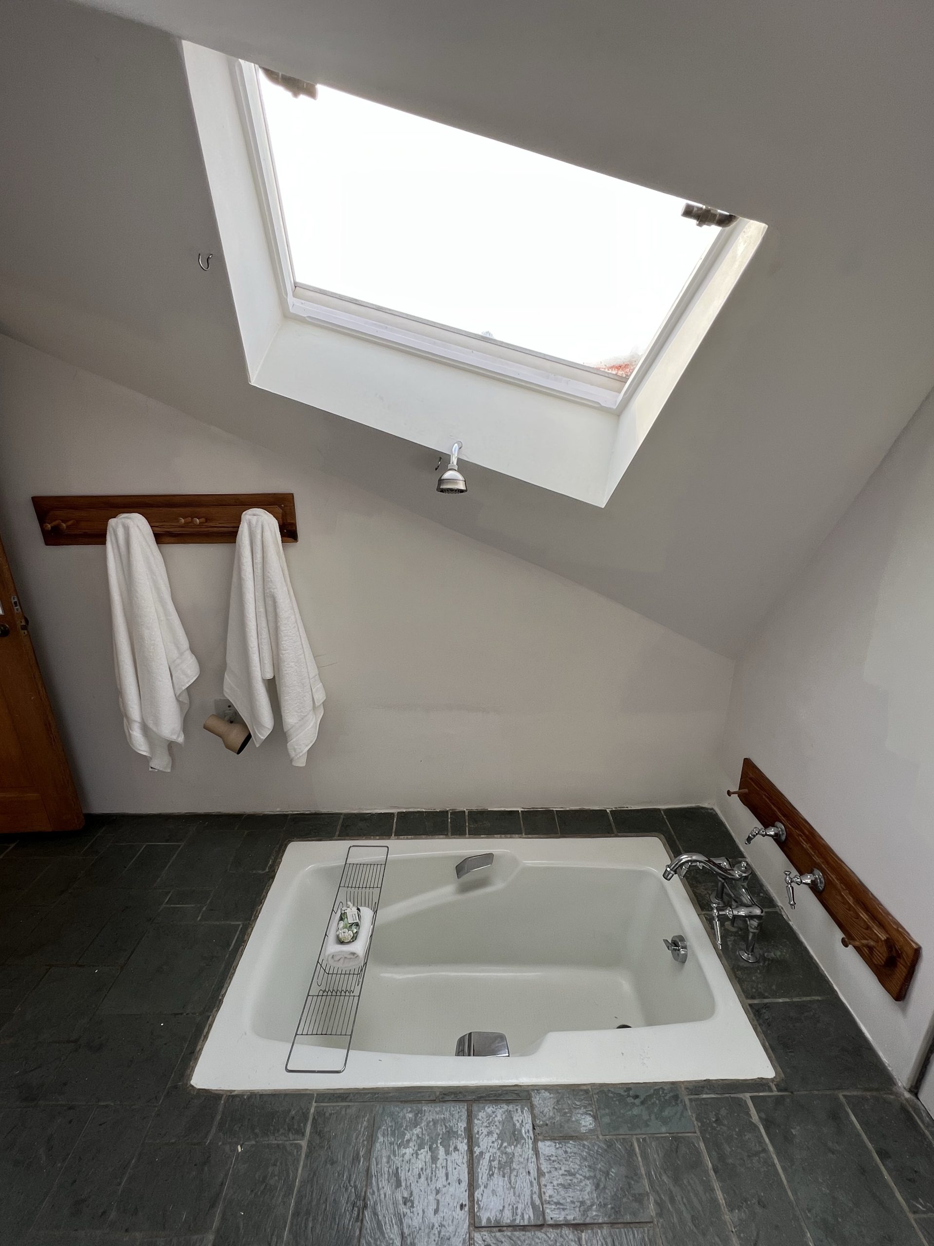 Bathroom tub built into the floor with a skylight above it. 